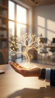 Hand holding glowing luminous tree with light particles above wooden desk in bright office space with windows, symbolizing growth, innovation, and sustainable business development.