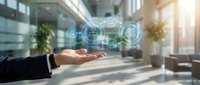Businessman hand holding digital technology icons representing innovation, artificial intelligence, and data network connectivity in modern office environment.