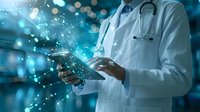 Healthcare professional using digital tablet with network connections and medical icons in modern hospital environment for telemedicine applications.