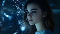 Young Caucasian woman in profile view against futuristic digital interface with glowing data points and connections. Dark blue tech background creates mysterious atmosphere.