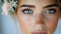Close-up portrait of bride with natural makeup, green eyes and pearl hair accessories. Wedding beauty concept for bridal photography and cosmetics.