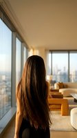 Young woman with long brown hair looking out floor-to-ceiling windows at city skyline from modern luxury apartment living room during golden hour sunset.