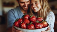 Happy young couple sharing fresh strawberries in cozy kitchen setting, romantic moment with healthy fruit, love and togetherness lifestyle concept.
