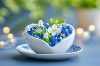 White ceramic teacup filled with fresh spring flowers in blue and white colors against soft bokeh background, creating romantic garden atmosphere.