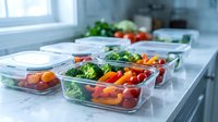 Healthy meal prep containers with fresh vegetables arranged on kitchen counter for weekly planning and nutritious eating habits.