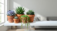 Collection of small potted succulents and cacti in terracotta pots arranged on white windowsill with natural sunlight for home decor and gardening.