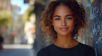 Young mixed race woman with curly hair and natural makeup smiling confidently outdoors. Casual black top, warm sunlight, urban background creates professional headshot feel.