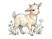 Cream-colored goat standing in wildflowers, isolated on white background. Suitable for children's books, farm-themed designs, t-shirts, and educational materials.