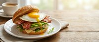 Gourmet breakfast burger with fried egg, crispy bacon and fresh greens on sesame bun served on white plate with coffee cup on wooden table background.