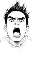 Black and white line art portrait of intense emotional expression showing anger and rage with spiky hair and wide open mouth screaming, isolated on white background.