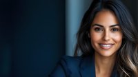 Professional young Hispanic businesswoman with long wavy hair smiling confidently in modern office environment for corporate marketing materials.