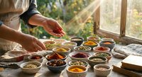 Hands selecting from colorful spices and herbs in small bowls on rustic wooden table by sunny window for cooking and culinary preparation.