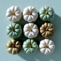 Decorative pumpkins in white, mint green and gold arranged in grid pattern on pastel background. Modern festive autumn composition for seasonal decor and celebration.