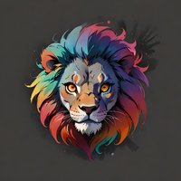 Majestic lion head with vibrant rainbow-colored mane against dark background, featuring artistic style with gradient color transitions and detailed facial features.