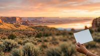 Cropped hand holding blank white card with desert landscape and canyon formations at golden hour sunset, suitable for mockups and advertising.