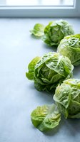 Fresh Brussels sprouts arranged on kitchen counter near window with natural lighting for healthy cooking and meal preparation.
