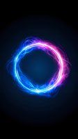 Glowing neon circle with blue and pink electric light effects on dark background, abstract energy ring with plasma lightning and magical glow effect.