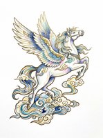 Winged horse with ornate decorative clouds, isolated on transparent background. Ready for t-shirt design, clipart, stickers, sublimation, and print-on-demand products. Features intricate gold, blue, and cream detailing.