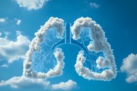 Clouds forming shape of human lungs with bronchial tree overlay against bright blue sky, representing clean air, breathing and respiratory health concept.