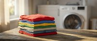 Stack of colorful folded clothes on wooden table in modern laundry room with washing machine in background for household chores and domestic tasks.