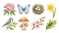 Watercolor spring and garden elements including pink peony, blue butterfly, bird nest with eggs, daffodil, blue tit, mushrooms, cherry blossoms, and ladybug on leaf. Isolated botanical illustrations for design projects.