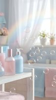 Pastel skincare bottles with floating soap bubbles in bright bathroom interior with rainbow light reflections creating dreamy spa atmosphere.