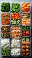 Healthy meal prep containers with variety of colorful foods including salmon, rice, vegetables, and protein. Fresh ingredients arranged in plastic boxes for weekly planning.