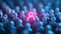 Glowing pink user icon stands out among blue crowd symbols, representing individuality and leadership in digital networking concept.
