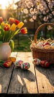 Spring Easter scene with colorful tulips in ceramic pitcher and decorated eggs in wicker basket on rustic wooden table with blooming trees background.