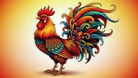 Colorful rooster with ornate decorative tail feathers in vibrant rainbow hues on gradient background. Folk art style bird illustration for textile design.