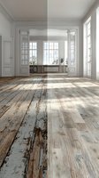 Bright empty room with rustic wooden floor, white walls, and large windows creating natural sunlight patterns in a minimalist interior space.