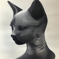 Abstract cat head sculpture with flowing linear patterns creating a sleek silhouette against neutral background, perfect for modern interior design.