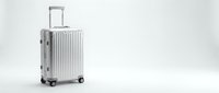 Silver aluminum hard shell suitcase with wheels isolated on white background for travel and luggage design concepts.