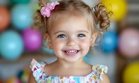 Smiling toddler girl with curly hair and pink bow against colorful balloon background, wearing floral dress.