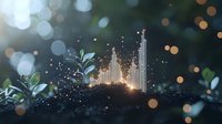 Magical glowing cityscape miniature emerging from dark soil with green leaves and bokeh lights, sparkling particles create dreamy atmosphere for fantasy concepts.