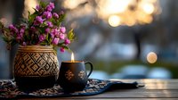 Cozy evening atmosphere with lit candle in decorative black cup and pink flowers in ornate vase on wooden table against blurred bokeh background.