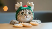 Adorable tabby cat wearing festive reindeer antler hat with red nose looking at cookies on table during holiday season celebration.