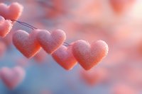 Soft pink heart shapes with delicate frosted texture floating against dreamy blurred background in coral and blue tones, romantic Valentine's day concept.