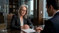 Professional mature businesswoman with glasses discussing documents with male colleague in modern corporate office meeting room.