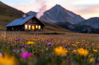 Cozy mountain cabin glowing at dusk with wildflowers in foreground meadow, dramatic peaks silhouetted against sunset sky, warm evening atmosphere in alpine setting.