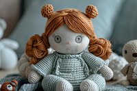 Handmade crochet doll with ginger hair in pigtails, wearing mint green sweater dress. Soft amigurumi toy features detailed facial expression and bear ear buns.