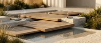 Modern wooden deck platform over water feature with contemporary landscaping and concrete elements for luxury outdoor living space design.