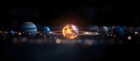 Solar system planets aligned in dark space with glowing sun at center, creative miniature scene with bokeh lights and dramatic cosmic atmosphere.