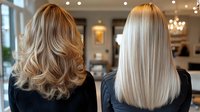 Comparison of blonde hairstyles - curly layered waves versus straight sleek cut shown from behind in modern salon setting with natural lighting and luxury decor.