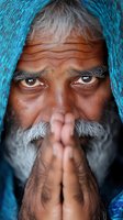 Close-up portrait of elderly South Asian man with white beard and intense gaze wearing blue headscarf, hands clasped in prayer position showing deep spirituality.