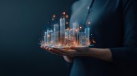 Glowing holographic city skyline floating above open palm against dark background, showcasing futuristic urban development and smart city concept.