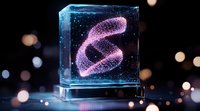 Glowing pink DNA helix structure frozen in transparent cube against dark background with bokeh lights, scientific molecular visualization concept.