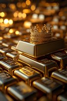 Golden crown placed on stacked gold bars with warm bokeh background, symbolizing wealth, power and luxury investment concept for financial presentations.