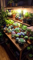Collection of potted succulent plants and cacti on wooden shelves under grow light. Various colorful echeveria, aloe, and desert plants arranged in terracotta pots for indoor gardening.