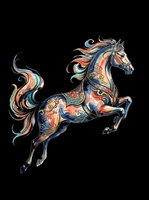 Ornate horse with flowing mane and tail, decorated with intricate patterns in orange, blue, and gold tones. Isolated on transparent background, ready for t-shirts, stickers, clipart, and print-on-demand designs.
